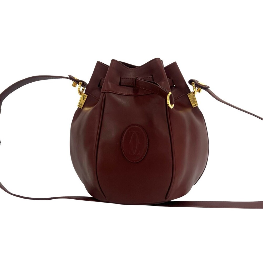 CARTIER Vintage Must Line Logo Leather Drawstring Shoulder Bag, Wine Red/Bord...